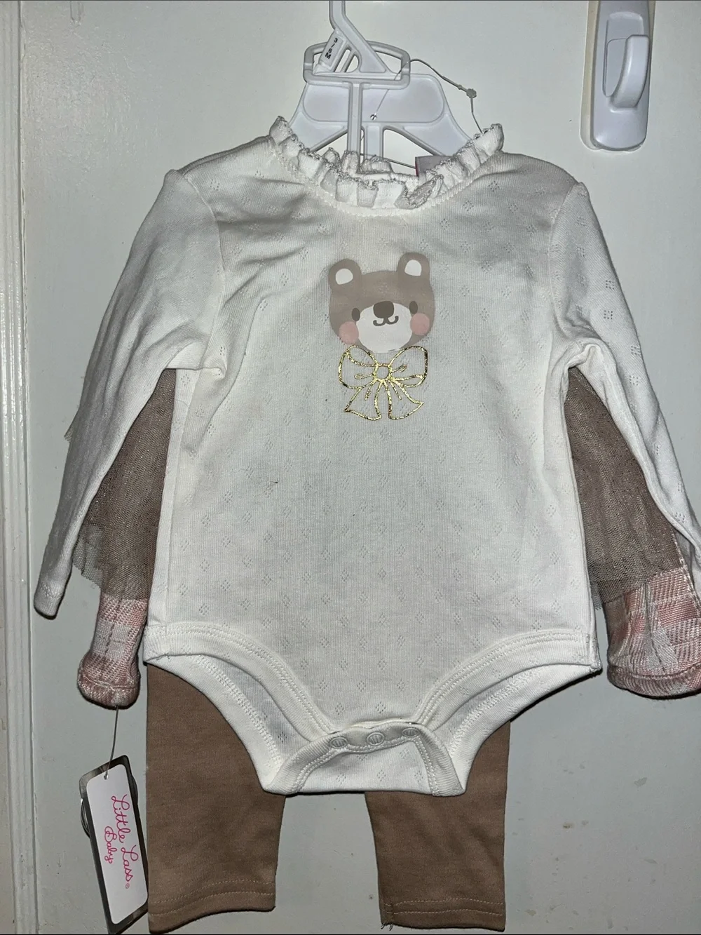 Little Lass Pink Plaid Jacket with Tan Leggings Set